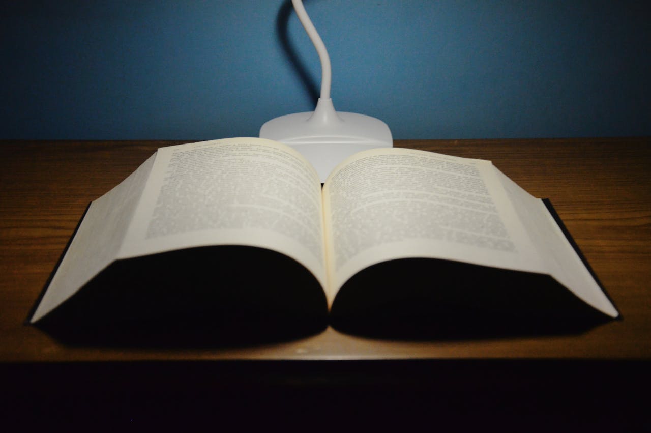 High angle of opened textbook placed on wooden table under artificial light of white lamp against blue wall